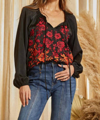 Savannah Jane - Tie Neck Peasant Top With Embroidered Flowers