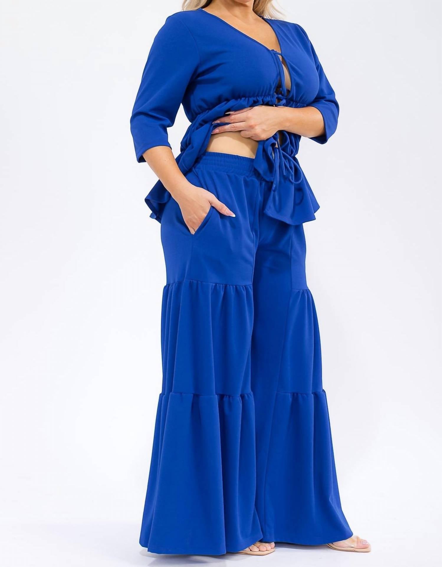 Karen T Design - Hollow Lace Up Top And Spliced Wide Leg Pants