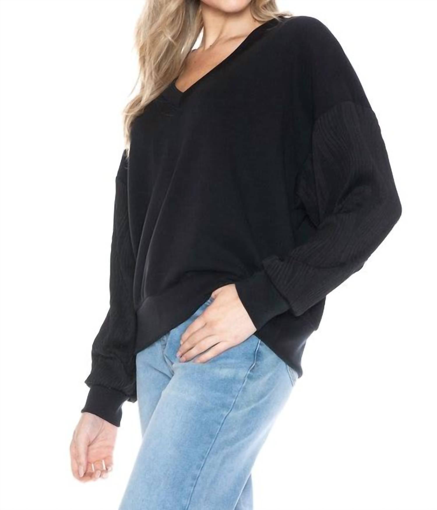 ariella V-neck Top With Contrast Sleeve in black - women's sweater - alternate view