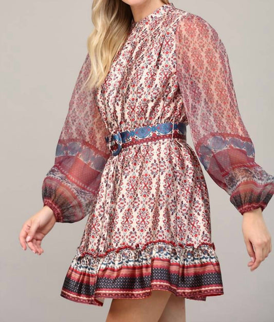 Fate - CONTRAST SHEER SLEEVE BELTED DRESS