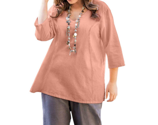 On The Plus Side - Linen 3/4 Sleeve V-Neck Top - Plus