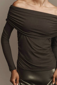 Reformation Florentina Off Shoulder Knit Shirt in olive - women's blouse - alternate view