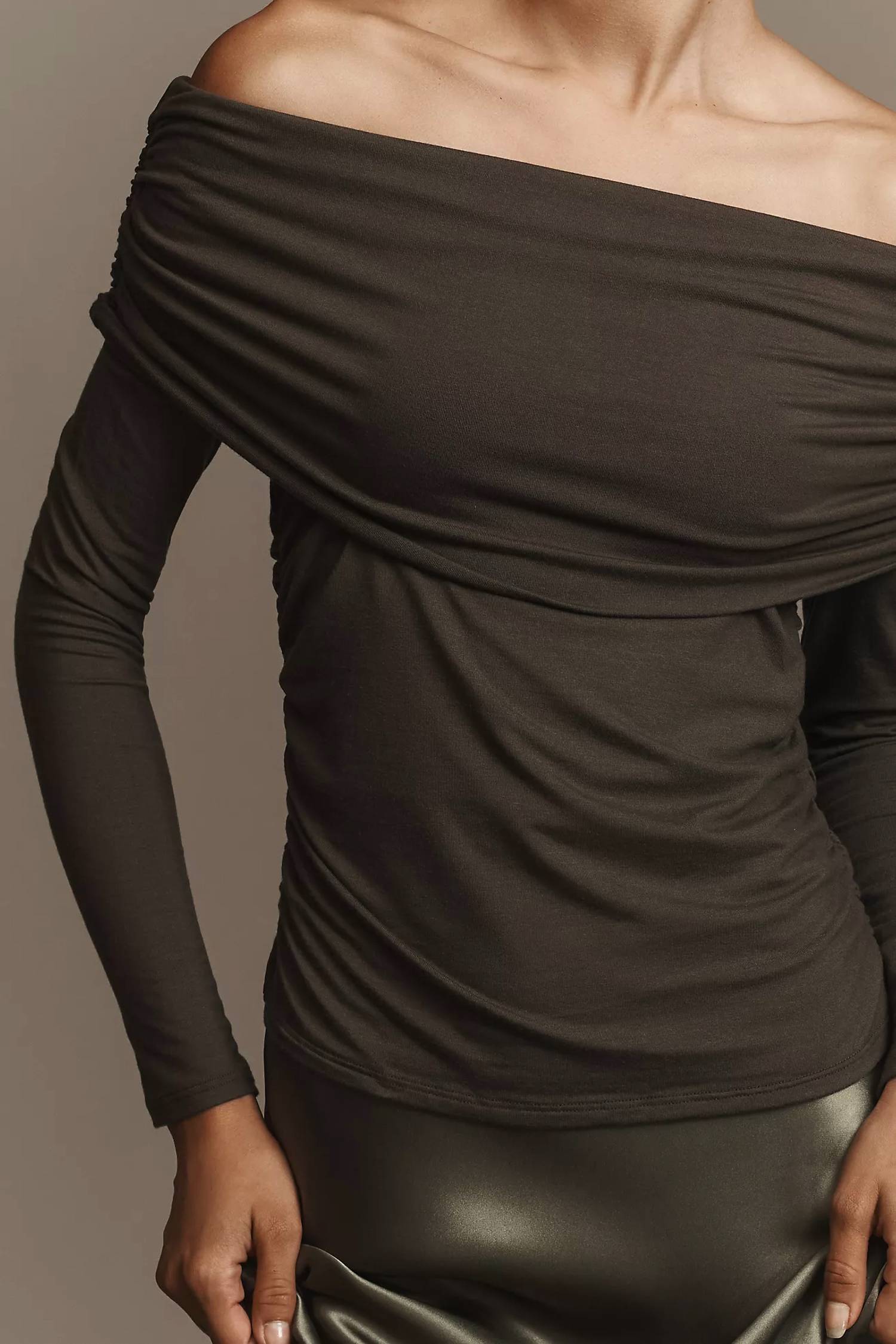 Reformation Florentina Off Shoulder Knit Shirt in olive - women's blouse - alternate view
