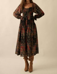 Promesa - Floral-print Smocked Bubble Sleeve Maxi Dress