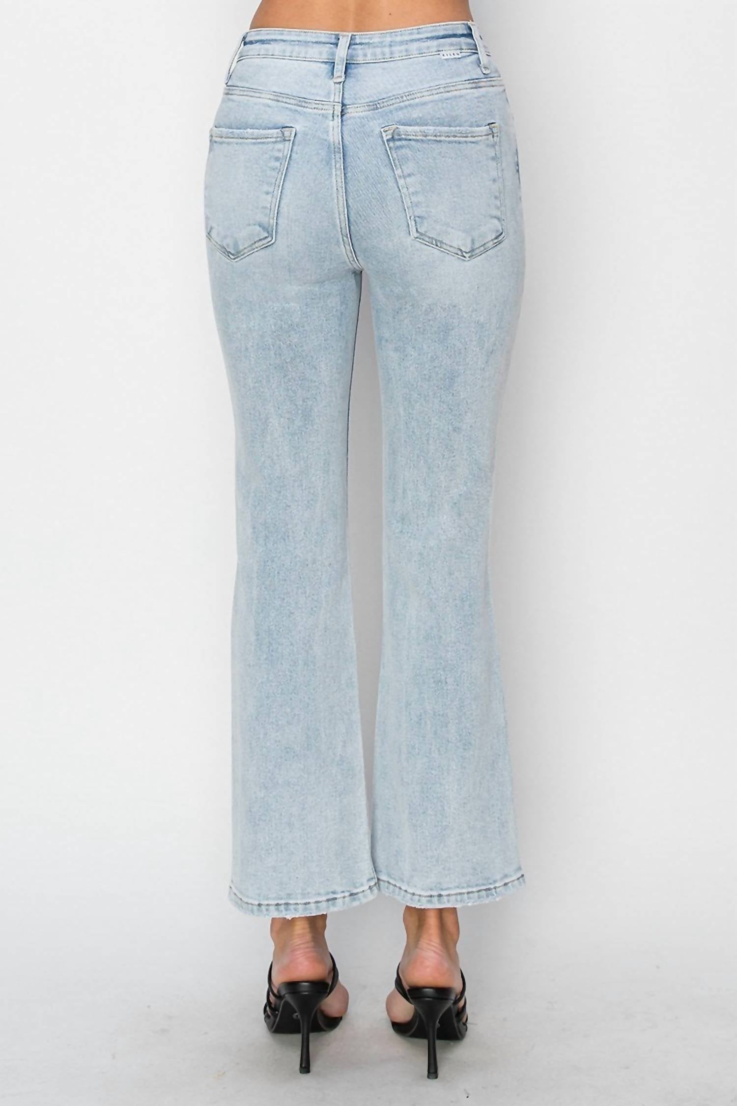 Risen - High Rise Knee Distressed Ankle Flare Jeans