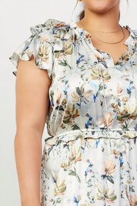 Skies Are Blue - Floral Print Ruffled Short Sleeve Long Dress - Plus