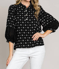 Cerule - Bracelet Sleeve with Embroidered Eyelet Lace Trim Blouse