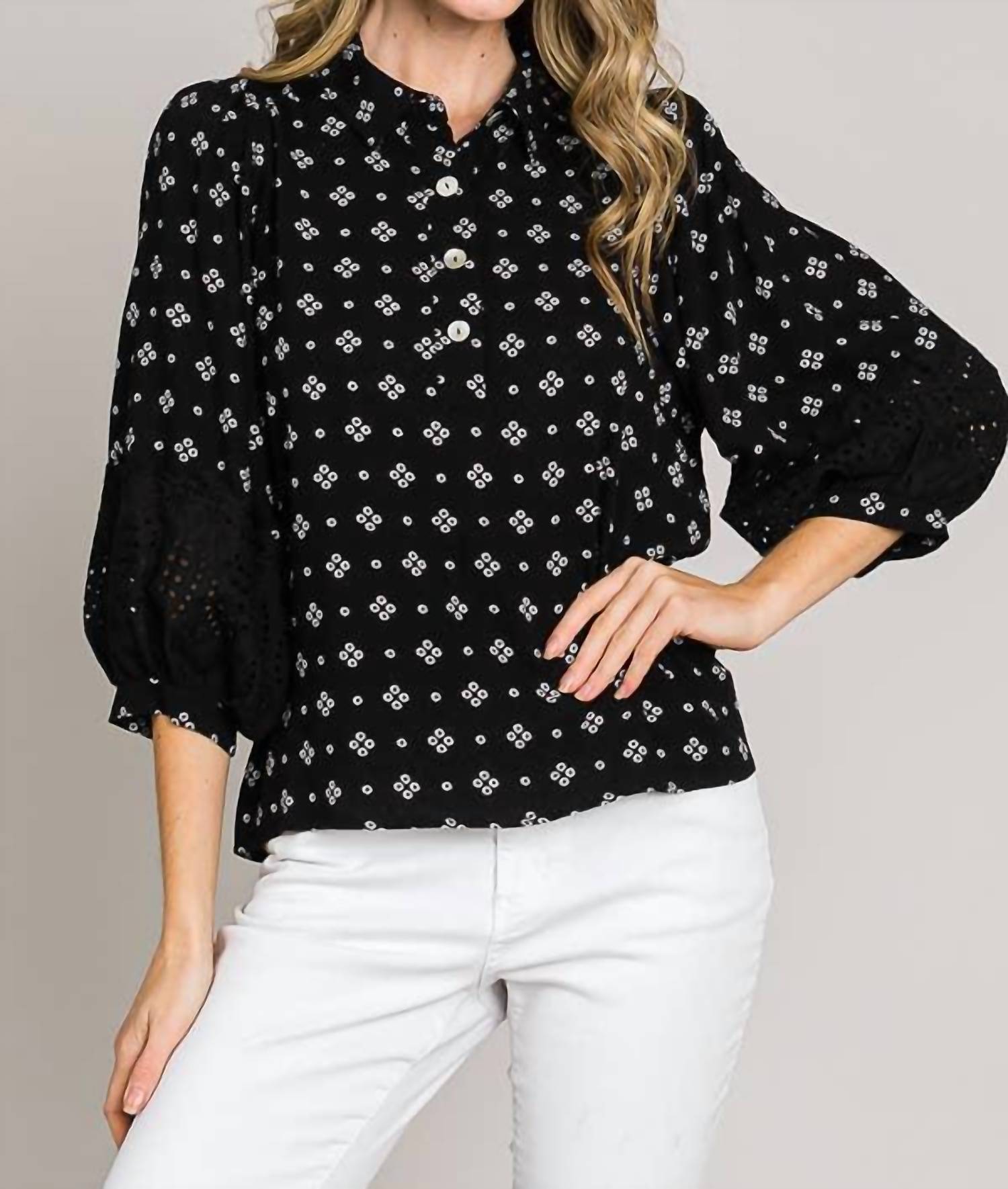 Cerule - Bracelet Sleeve with Embroidered Eyelet Lace Trim Blouse