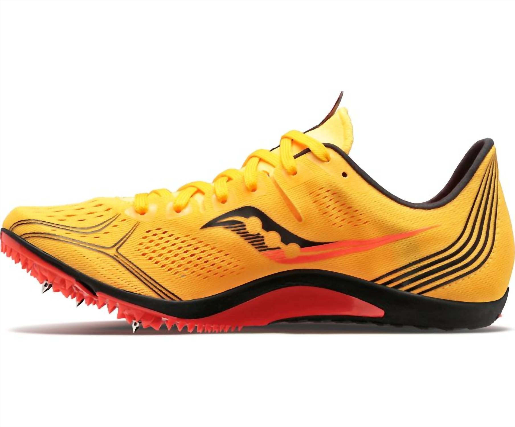 SAUCONY Men's Endorphin 3 Spike Shoes in 16 vizi gold vizi red - men's shoe - detail view
