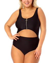 California Waves - Trendy One-piece Zip-front Swimsuit - Plus
