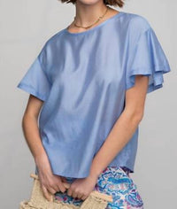 Easel Ruffle Short Sleeve Washed Satin Blouse - Plus in slate - women's blouse