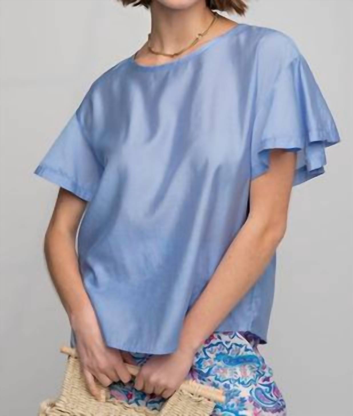 Easel Ruffle Short Sleeve Washed Satin Blouse - Plus in slate - women's blouse