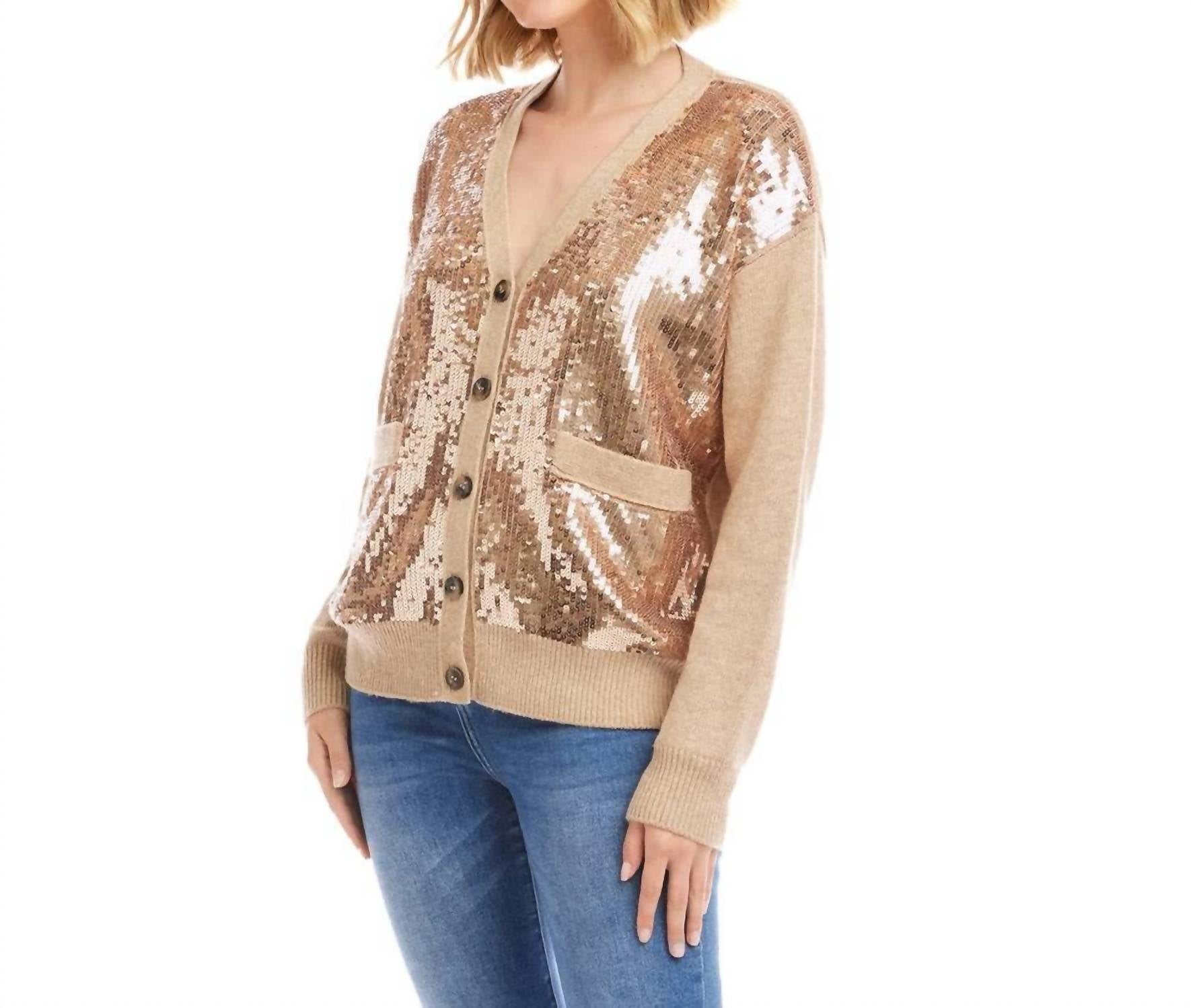 Karen Kane Sequin Cardigan Sweater in dark oatmeal - women's cardigan - detail view