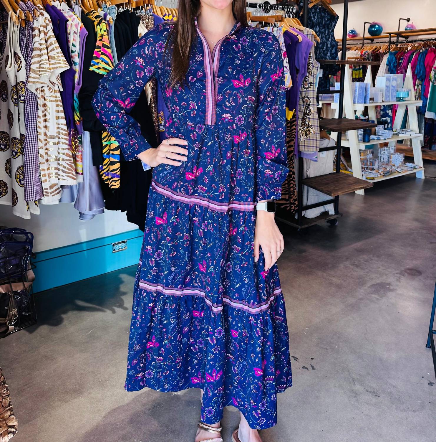 Sincerely Ours Floral Symphony Floral Long Sleeve Dress in blue - women's dress