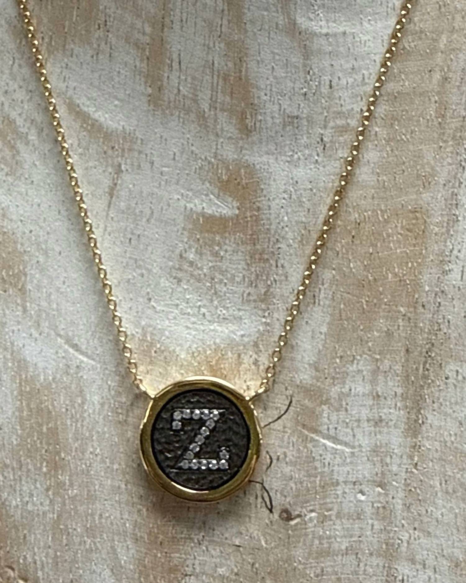 BZK Women's Circle Pave Initial Necklace in gold black - women's jewelry - detail view