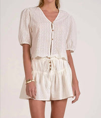 Elan - Olivia Eyelet V-neck Top