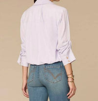 Democracy Tucked Sleeve Smocked Button Down Bubble Hem Splice Stripe Woven Shirt in frosted iris - women's shirt - alternate view