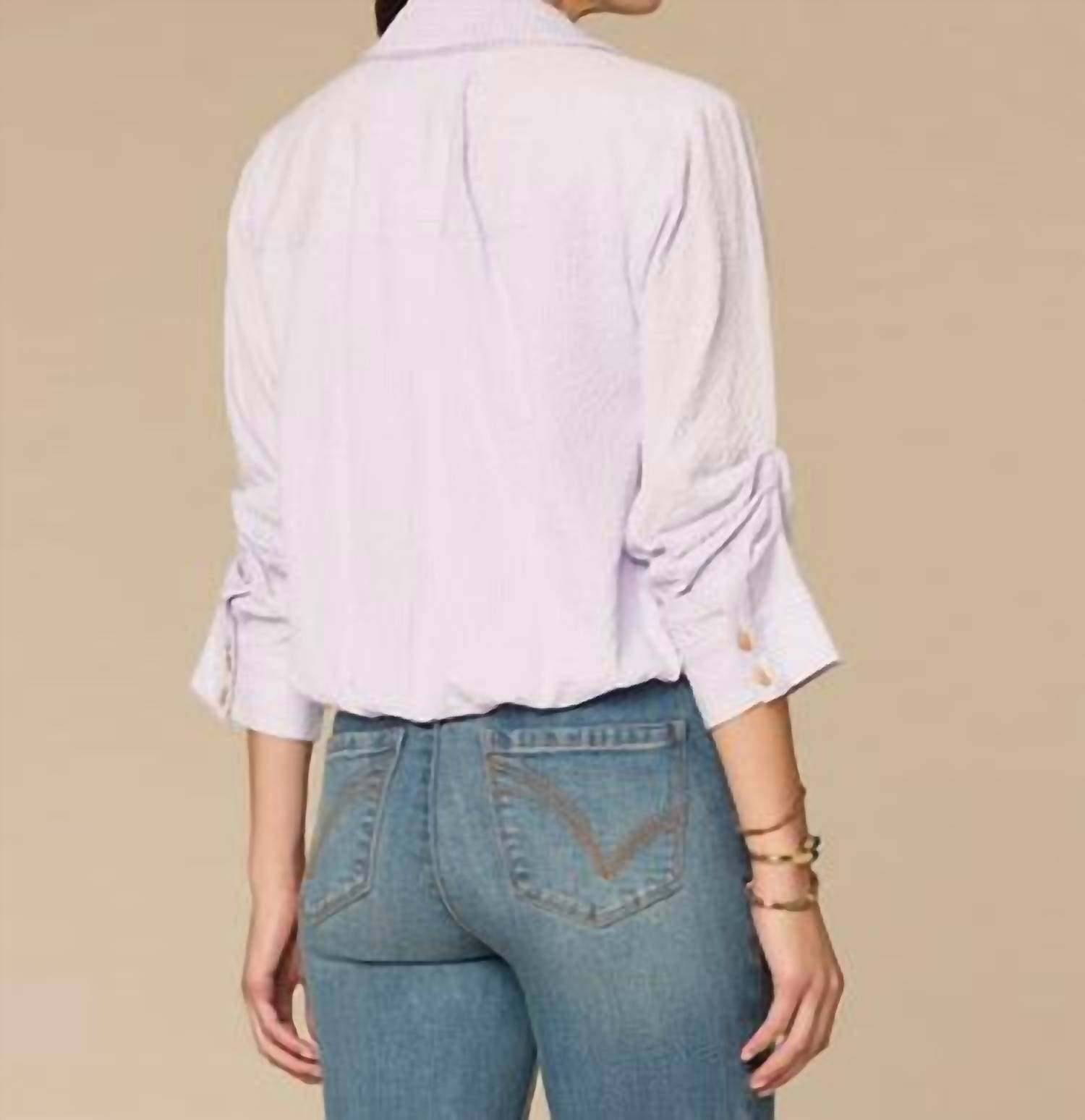Democracy Tucked Sleeve Smocked Button Down Bubble Hem Splice Stripe Woven Shirt in frosted iris - women's shirt - alternate view