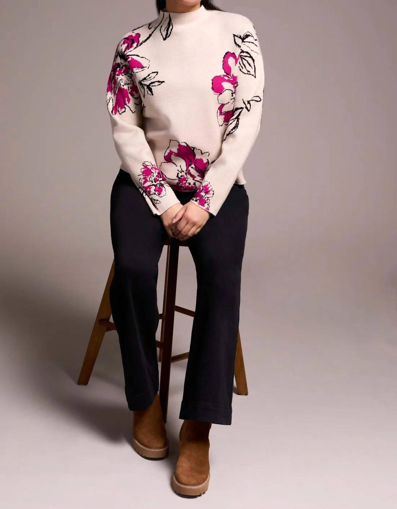TRIBAL Kathleen Knit Jacquard Funnel Neck Sweater in pink flambe - women's sweater - detail view