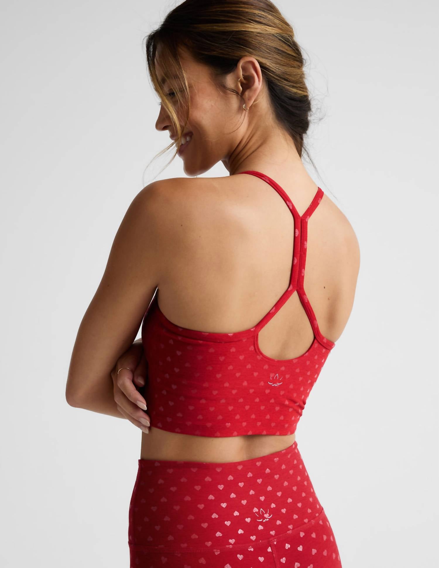 BEYOND YOGA Softshine Slim Racerback High Cropped Tank Top in holly red ditsy hearts - women's tank top - alternate view