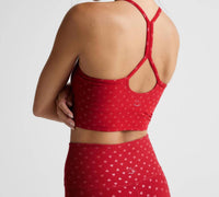 BEYOND YOGA Softshine Slim Racerback High Cropped Tank Top in holly red ditsy hearts - women's tank top - detail view