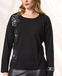 Angel Apparel - Knit Top With Faux Leather Floral Detail