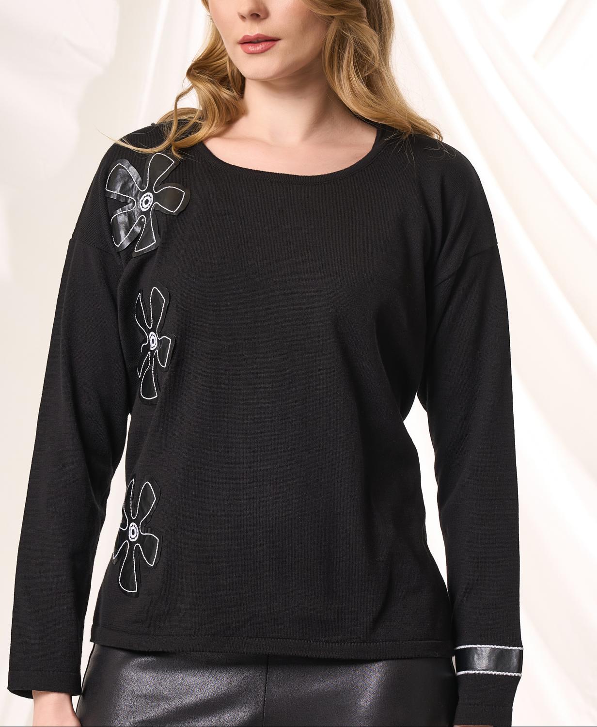 Angel Apparel - Knit Top With Faux Leather Floral Detail