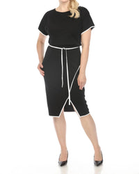 Joseph Ribkoff - Contrast Trim Waist Tie Front Slit Sheath Dress