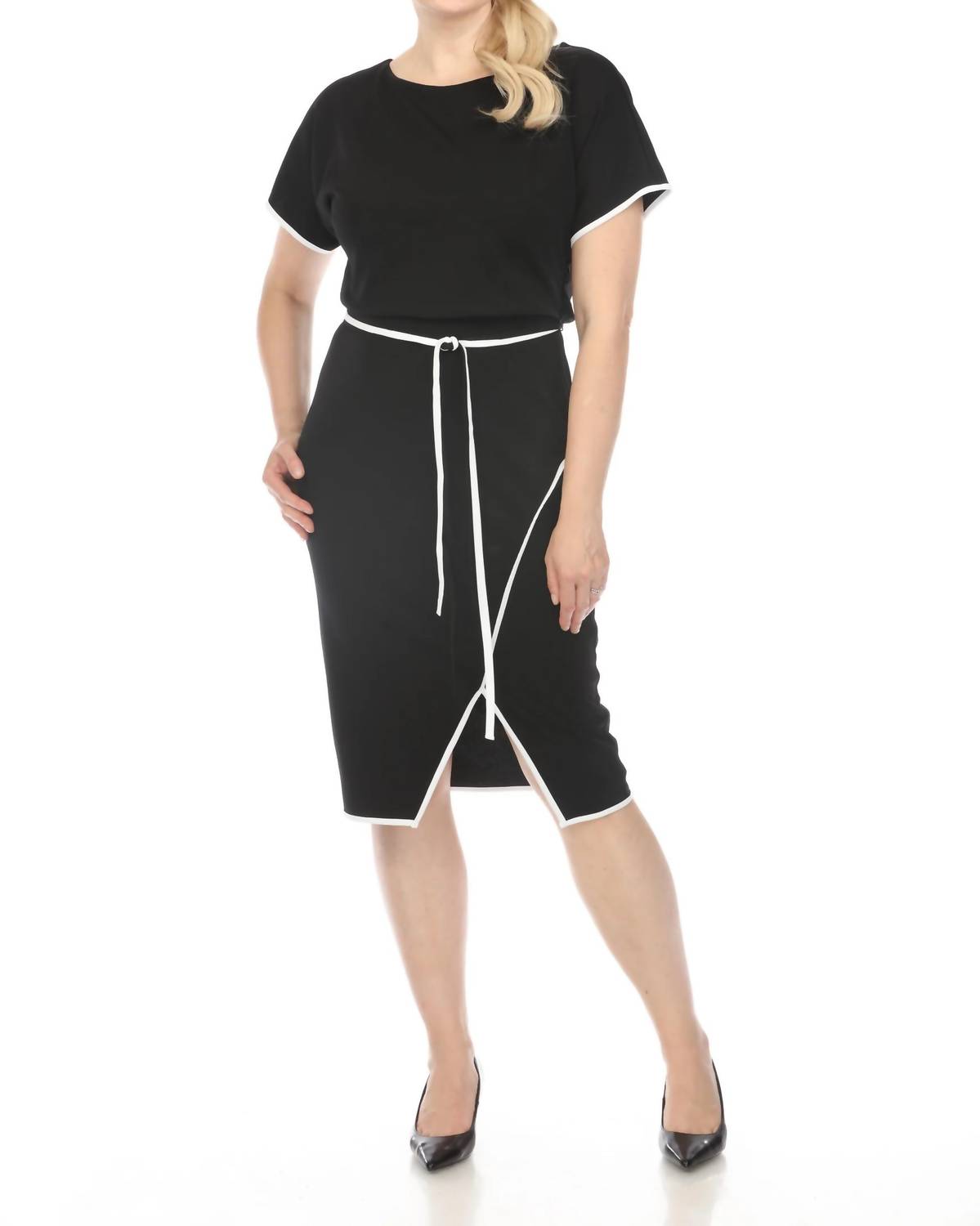 Joseph Ribkoff - Contrast Trim Waist Tie Front Slit Sheath Dress