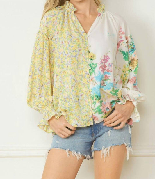 Floral Contrast Print V-Neck Blouse