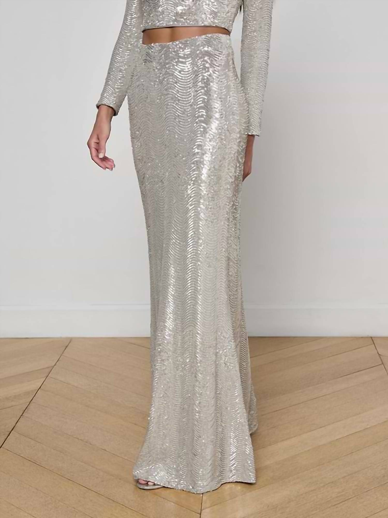 L'Agence Zeta Maxi Skirt in silver sequin swirl - women's skirt - alternate view