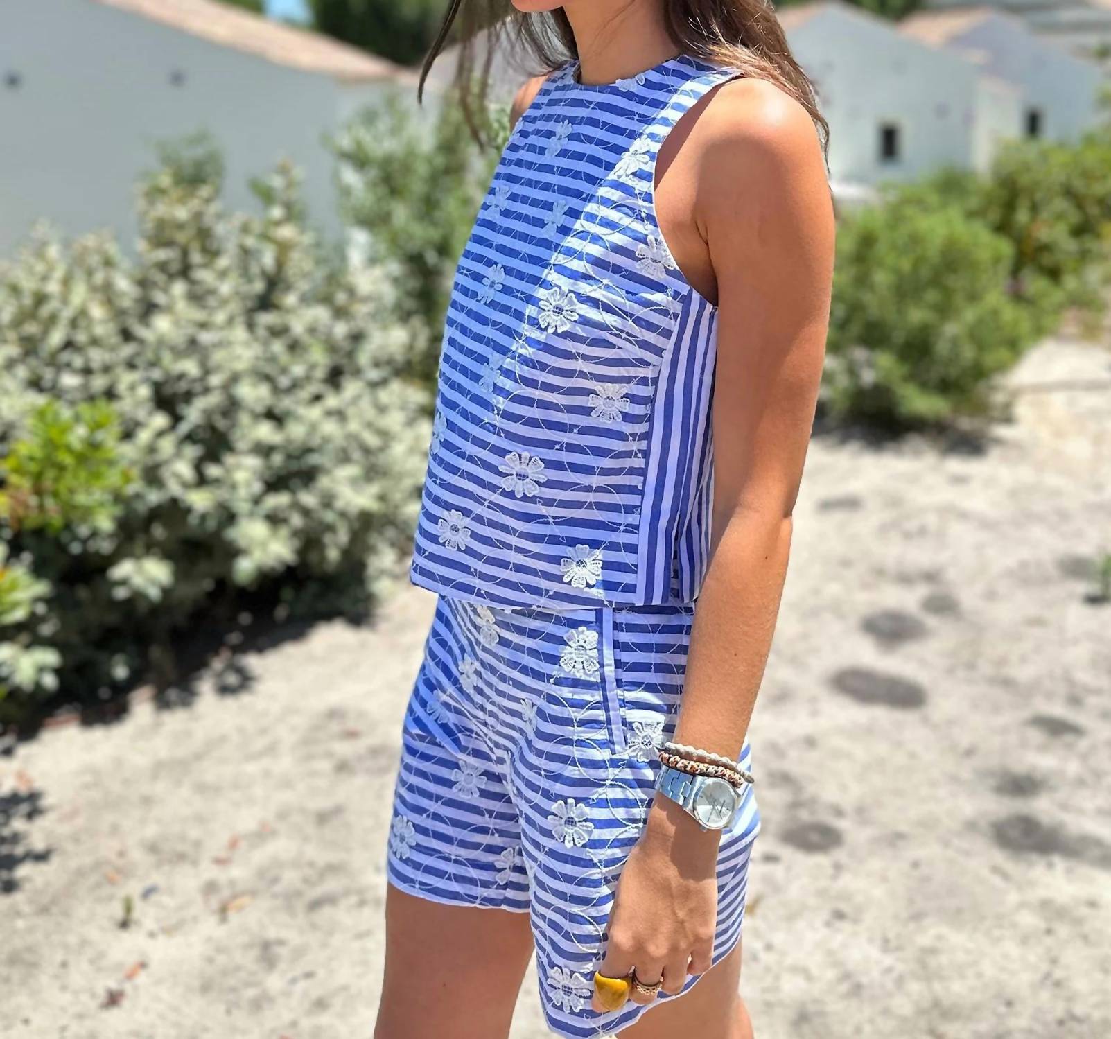 Vilagallo - Floral Embroidery Striped Top