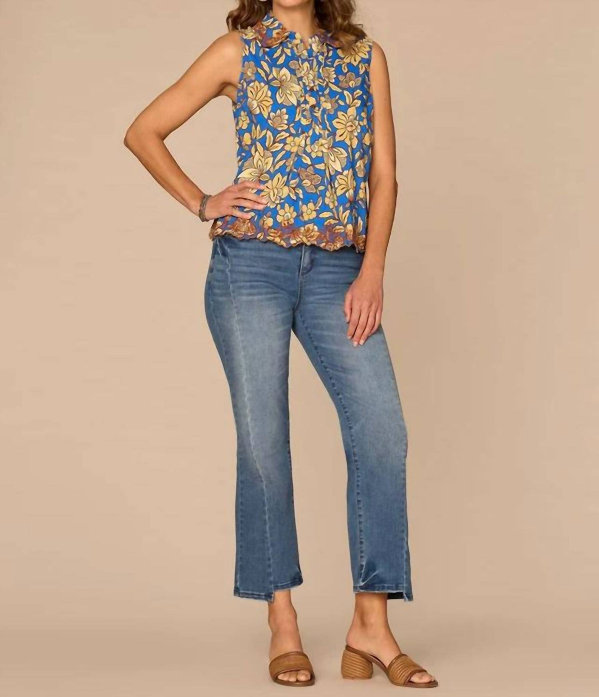Democracy - Sleeveless Half Placket Printed Embroidered Woven Top