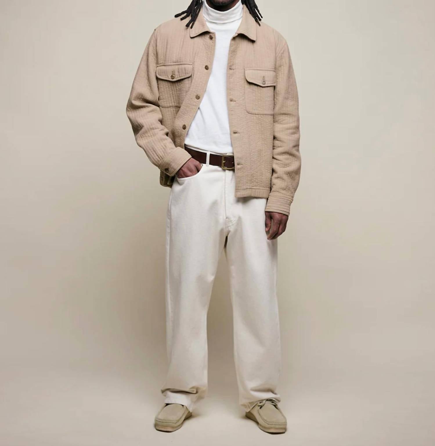 Merz b. Schwanen Padded Cotton Long Sleeve Overshirt in dusted khaki - men's shirt - view 5