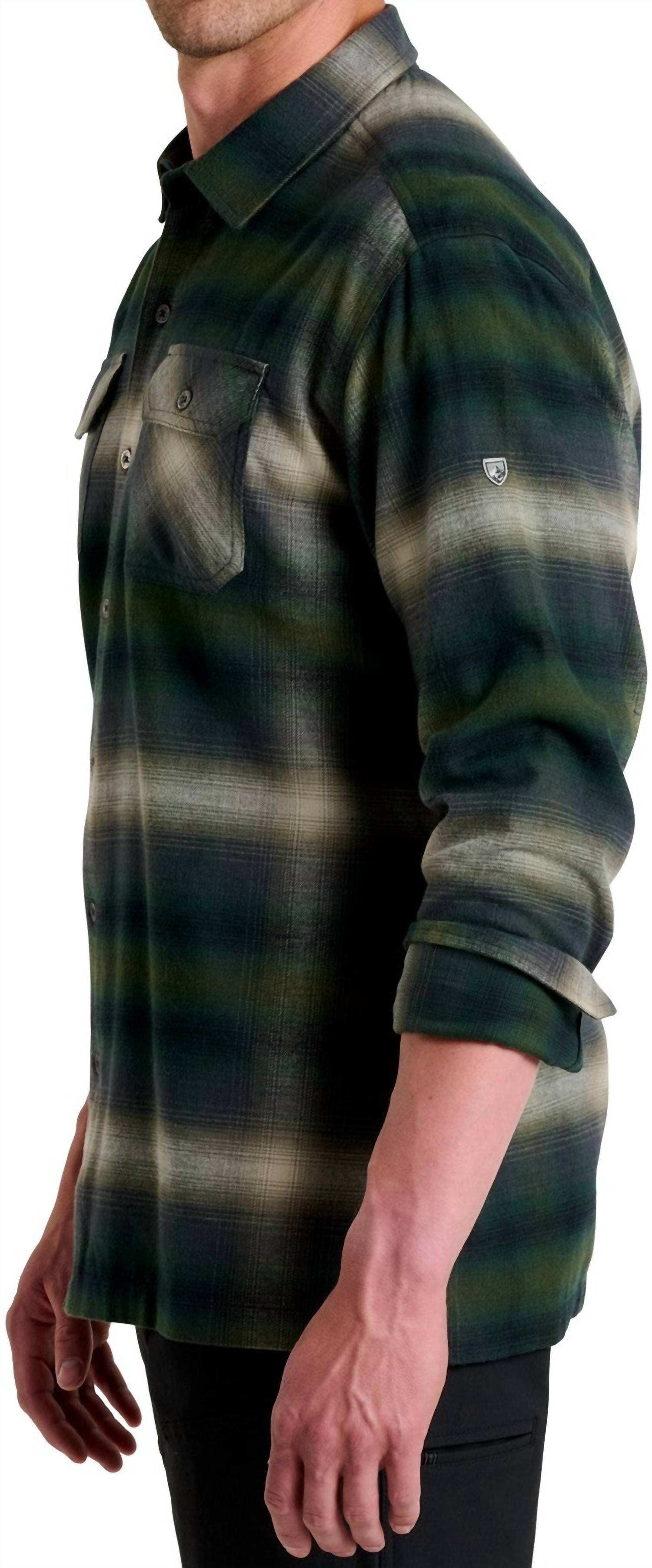 KUHL Dillingr Flannel Long Sleeve Shirt in dark forest - men's shirt - detail view