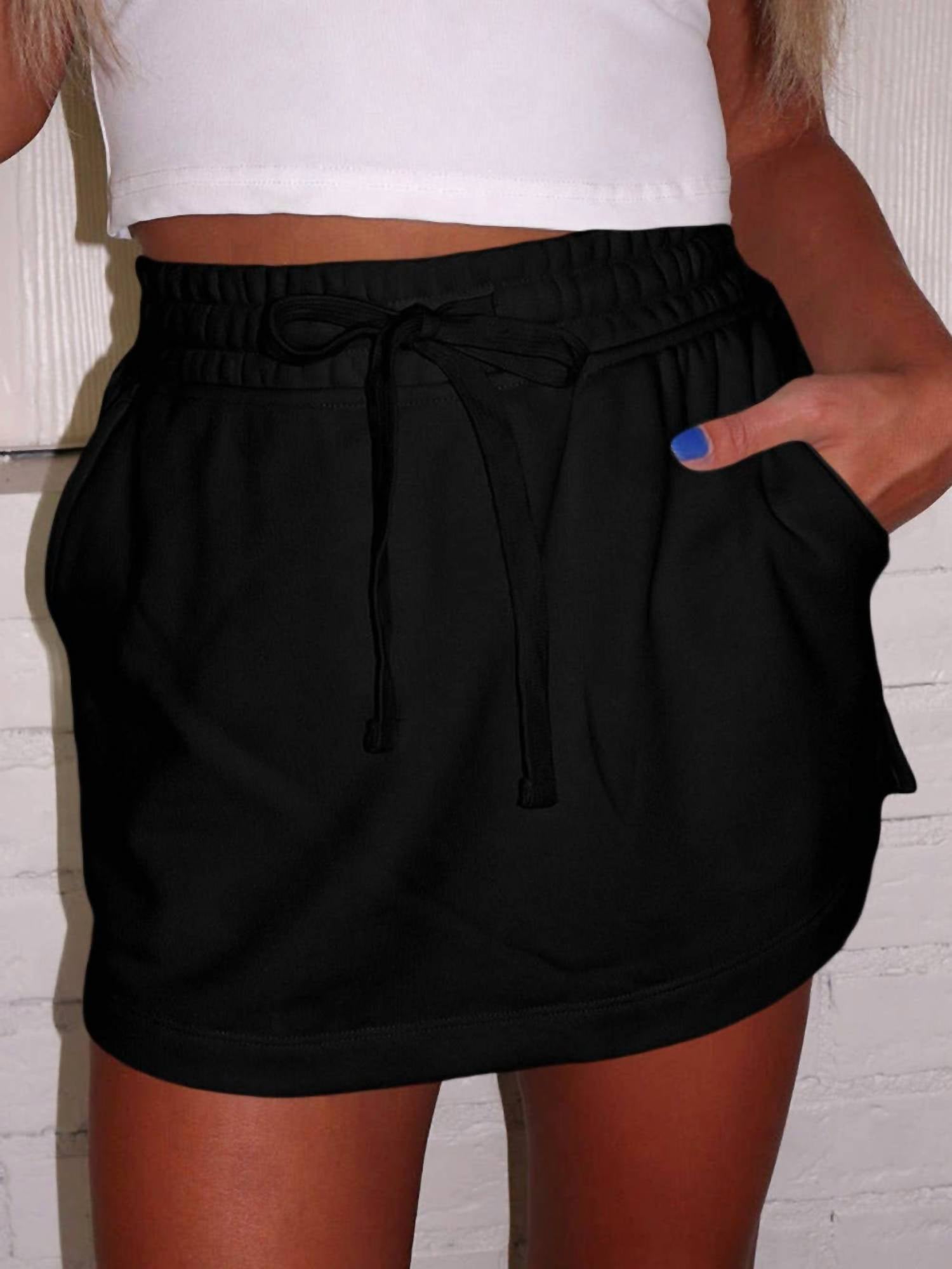 Shewin Drawstring High Waist Lined Tennis Skort in black - women's shorts - alternate view