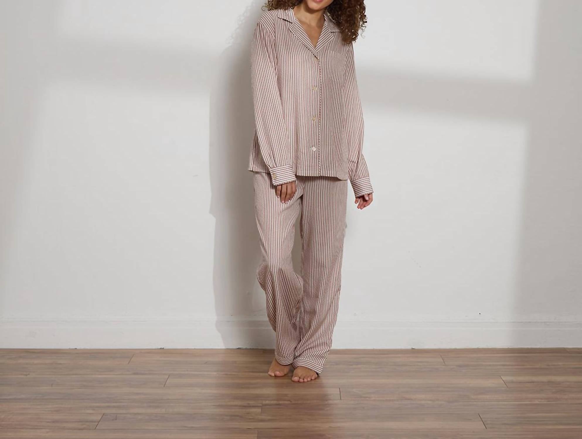 The Sleep Code Women's Ticking Stripe Long Pj Set in brown white - women's item - alternate view