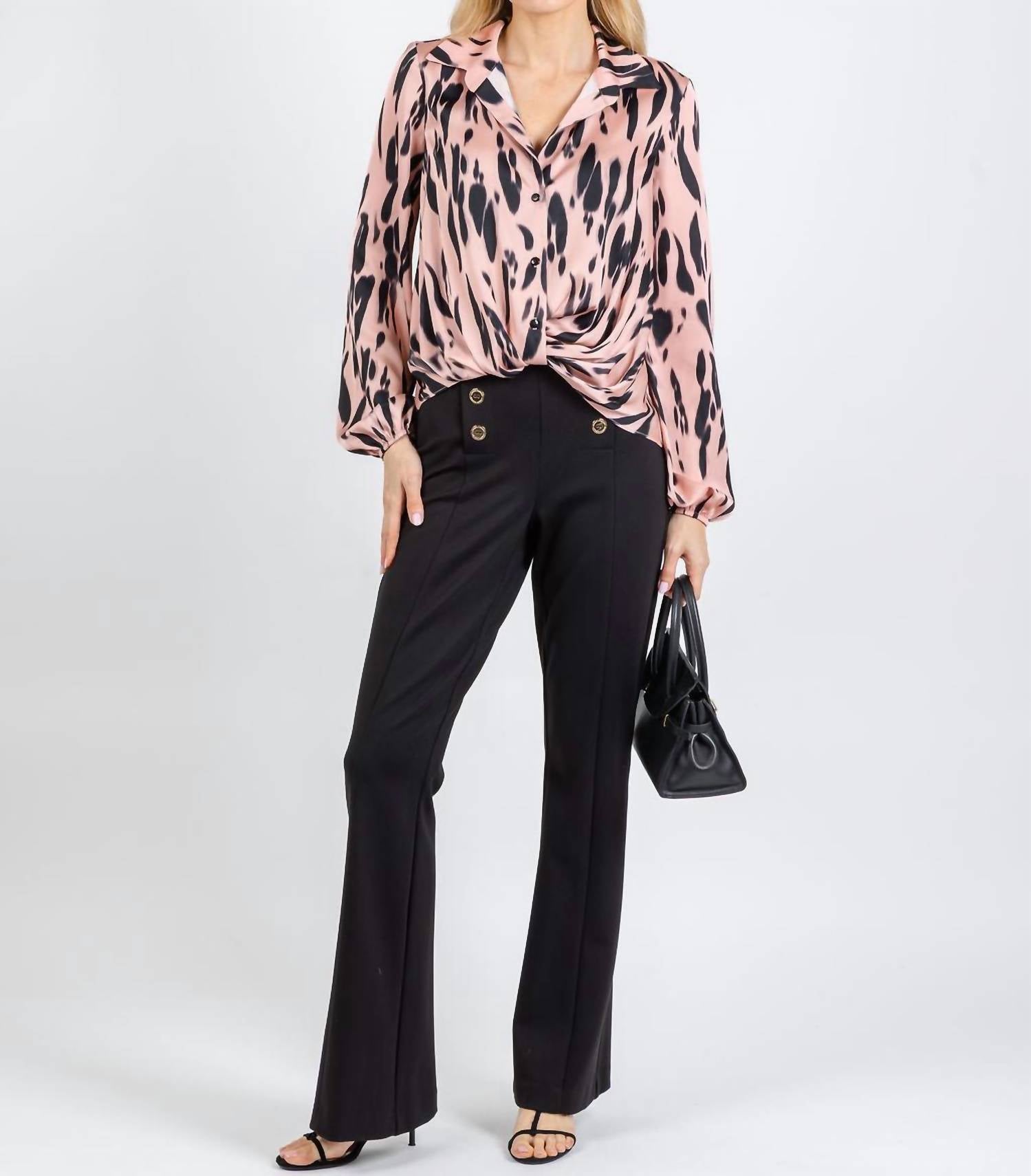 Joseph Ribkoff Satin Animal Print Draped Top in pink black 1 - women's long sleeve top - view 5