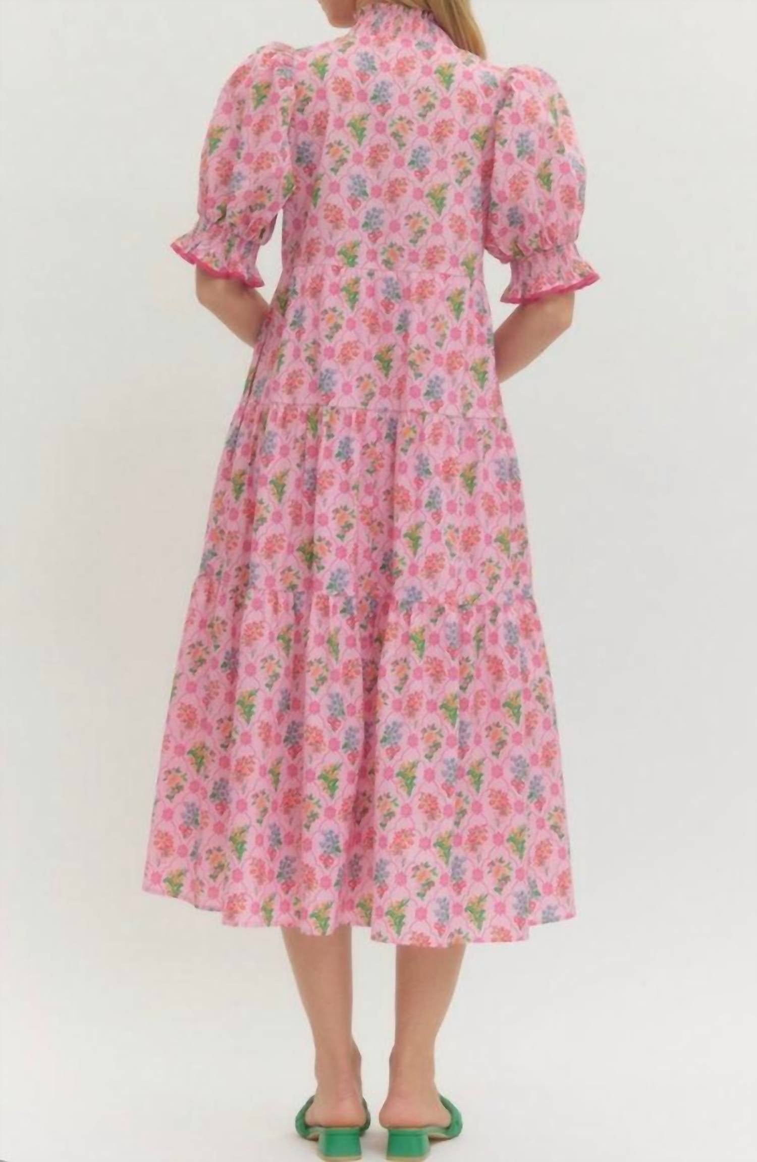 entro Floral Print Puff Sleeve Midi Dress in pink multi - women's dress - detail view