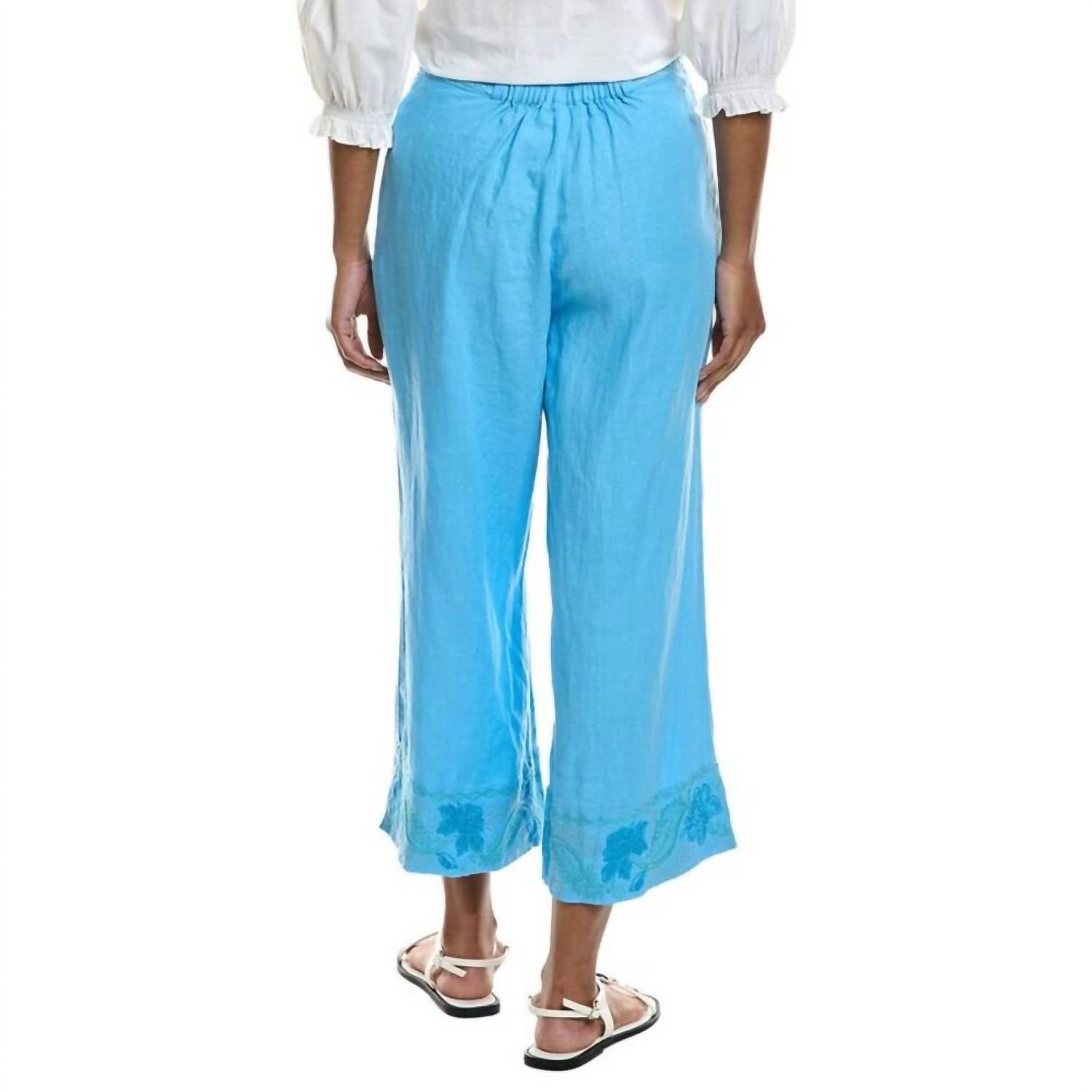 Johnny Was PLEATED LINEN CULOTTE SORAYA in ethereal blue - women's pants - detail view