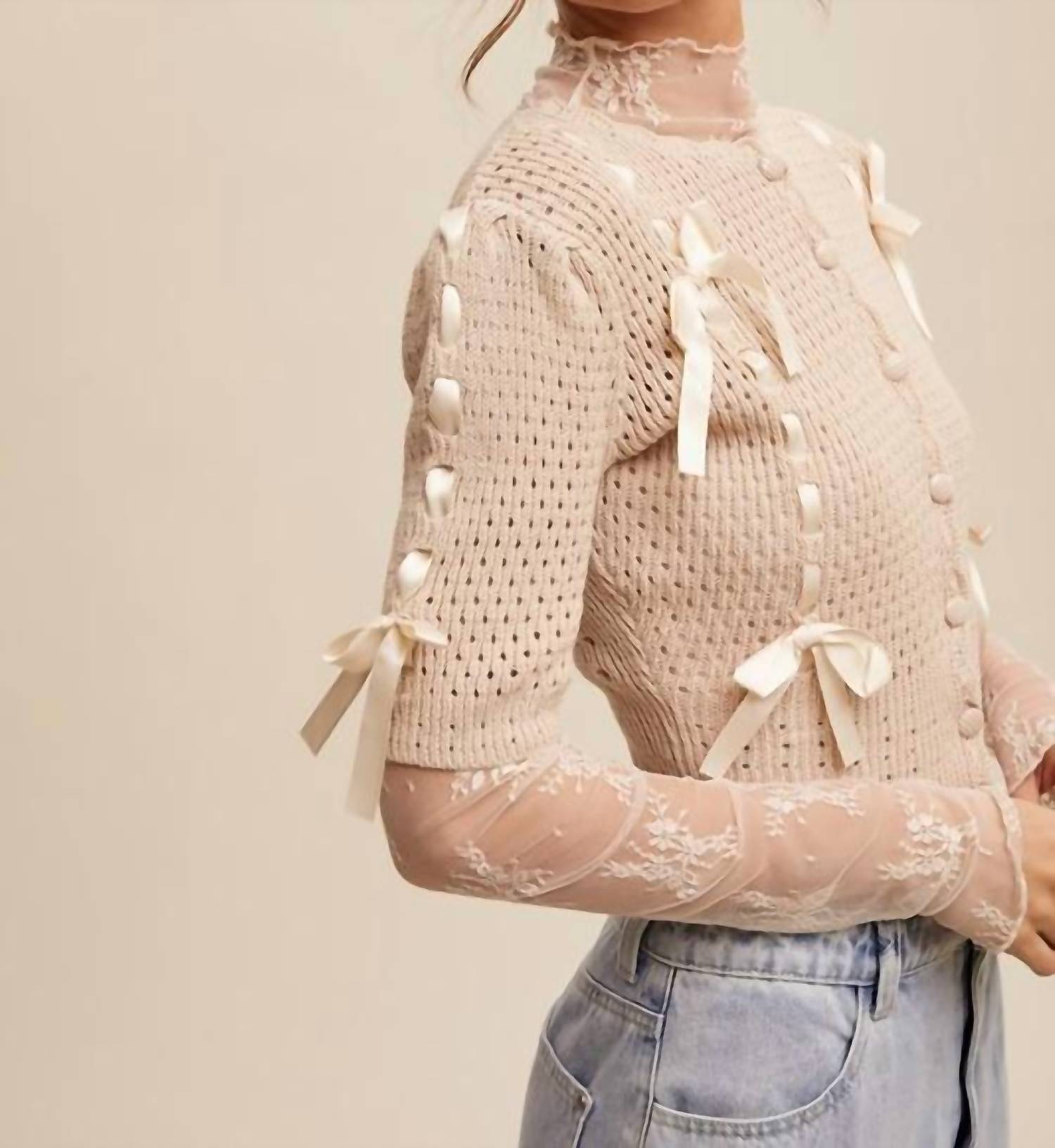 Listicle - Pastel Knit Cardigan With Satin Bow Details