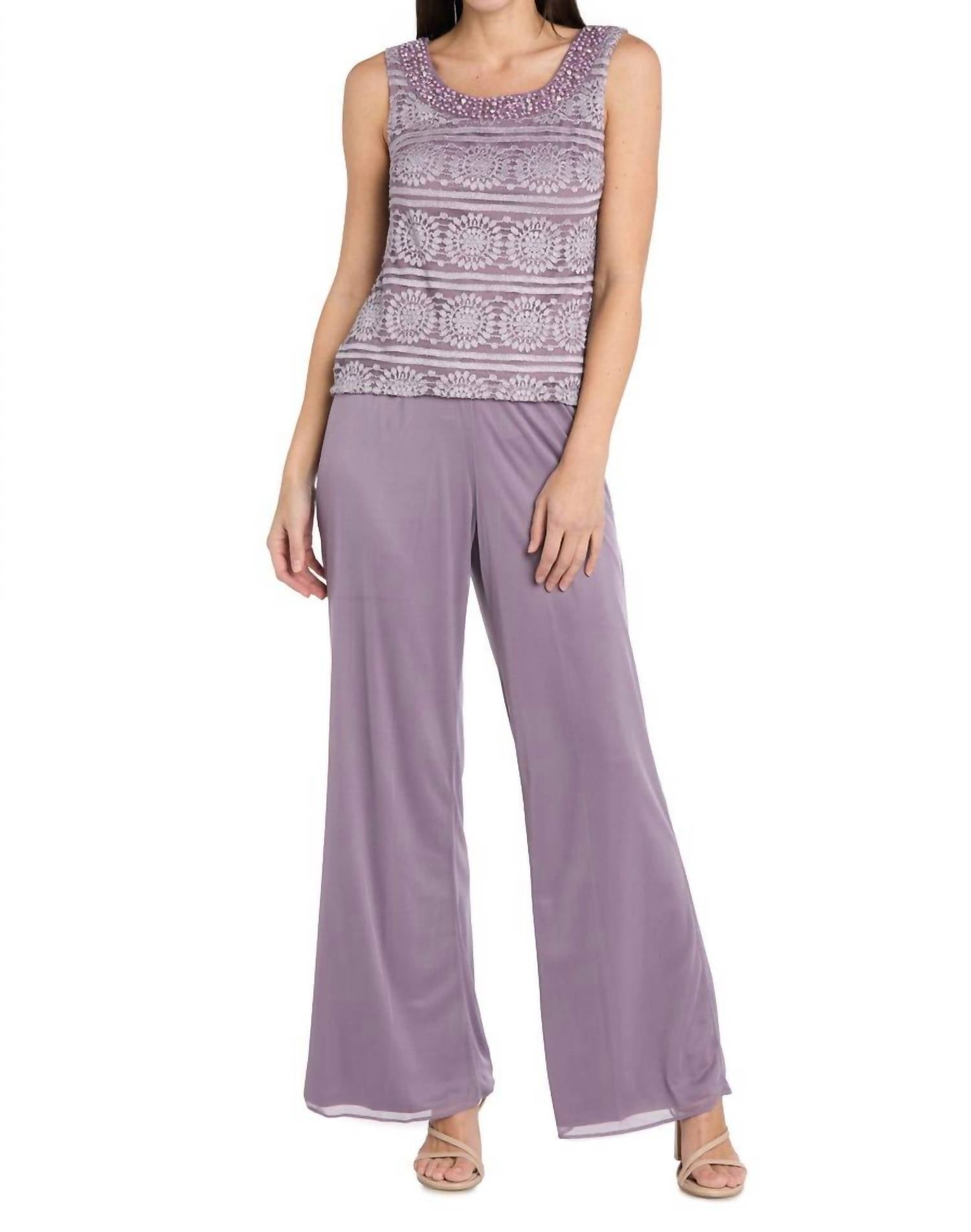 R&M Richards - Glitter Embroidered Pant Suit With Pearl Neckline