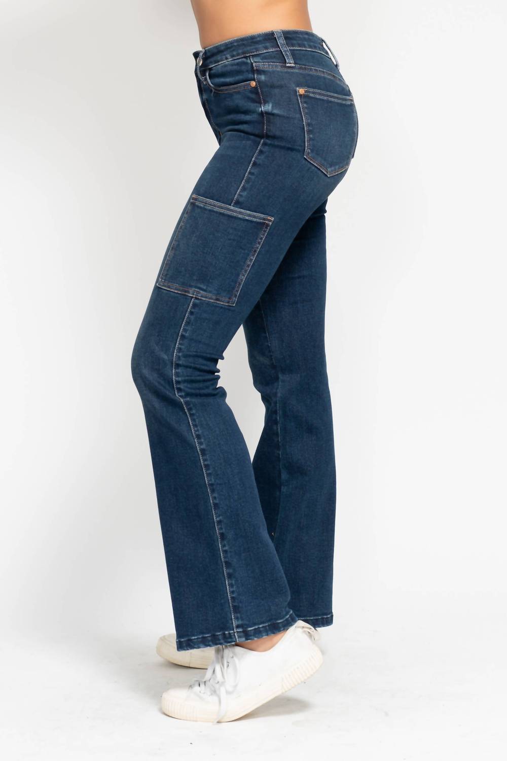 Judy Blue High Waisted Cargo Bootcut Stretchy Jeans in dark denim - women's pants - view 4