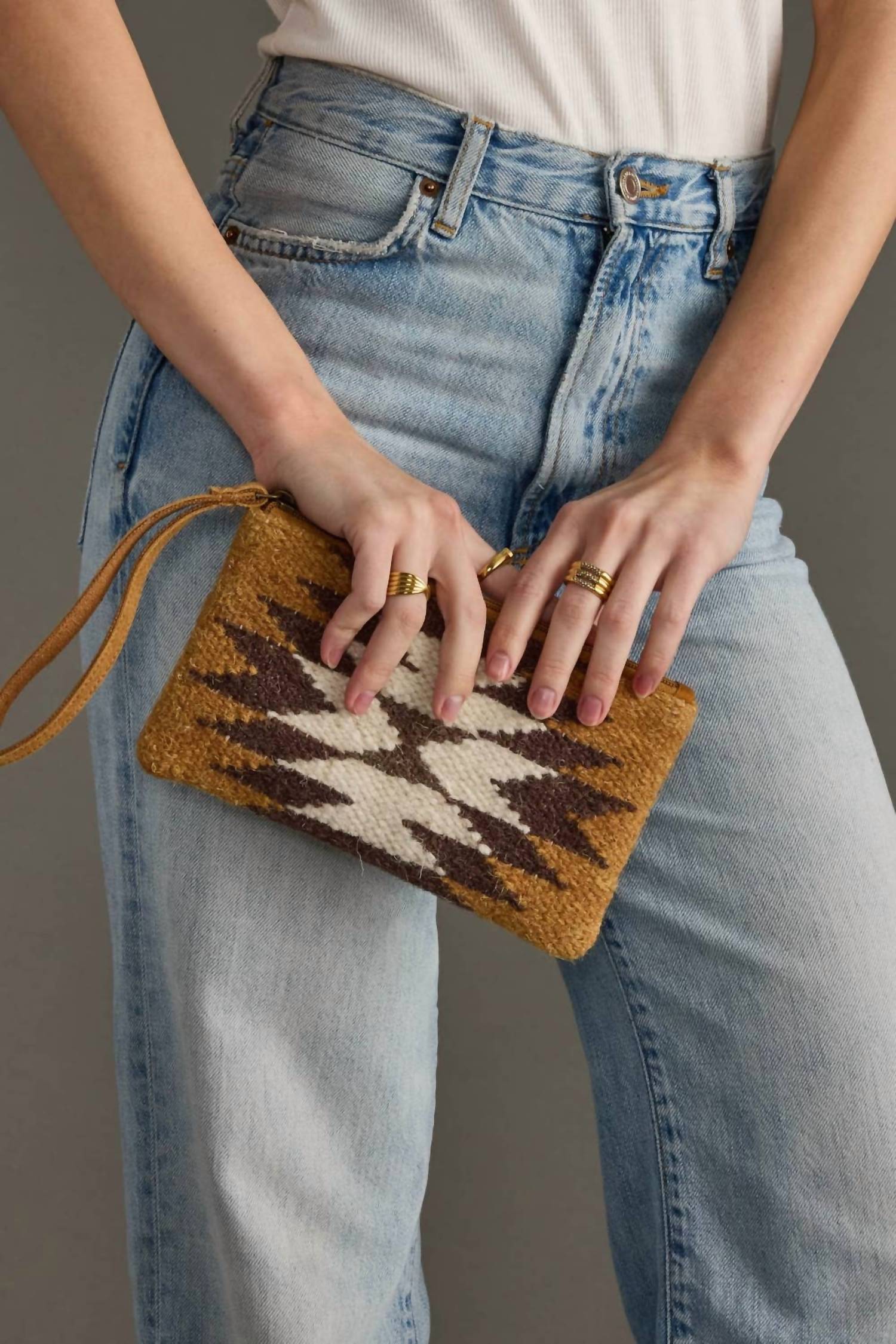 Panache Apparel Women's Western Aztec Wool Wristlet in tan brown cream with suede pull - women's bag - detail view