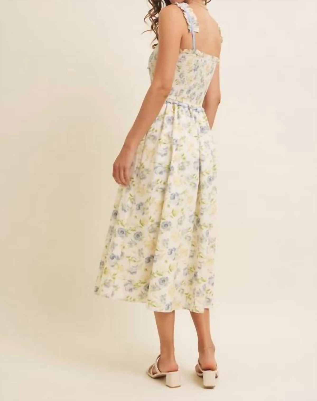 In February - Lovely Floral Smocked Midi Dress With Bow