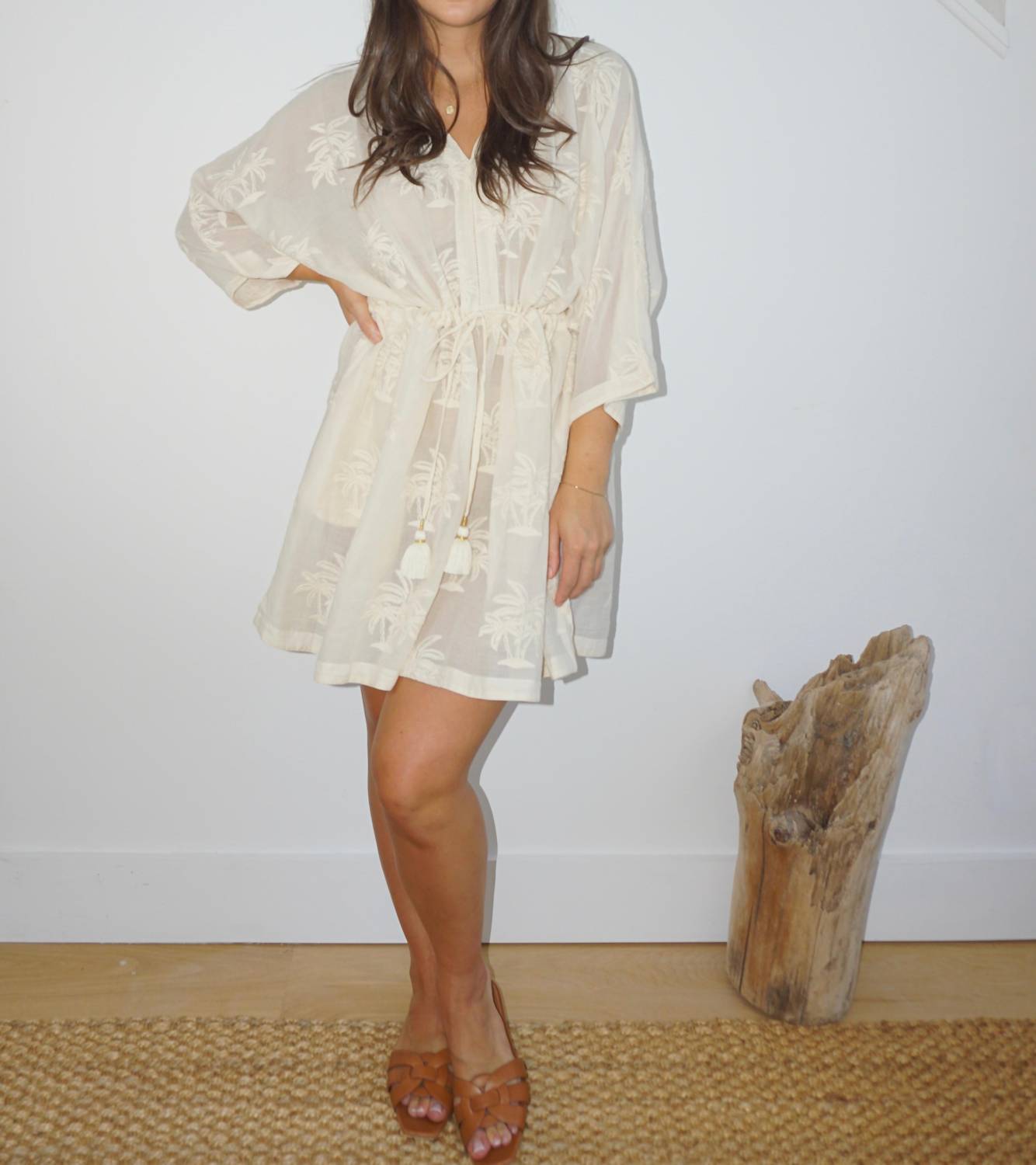 NIBI MTK Savannah Kaftan in cream palm embroidery - women's dress - alternate view