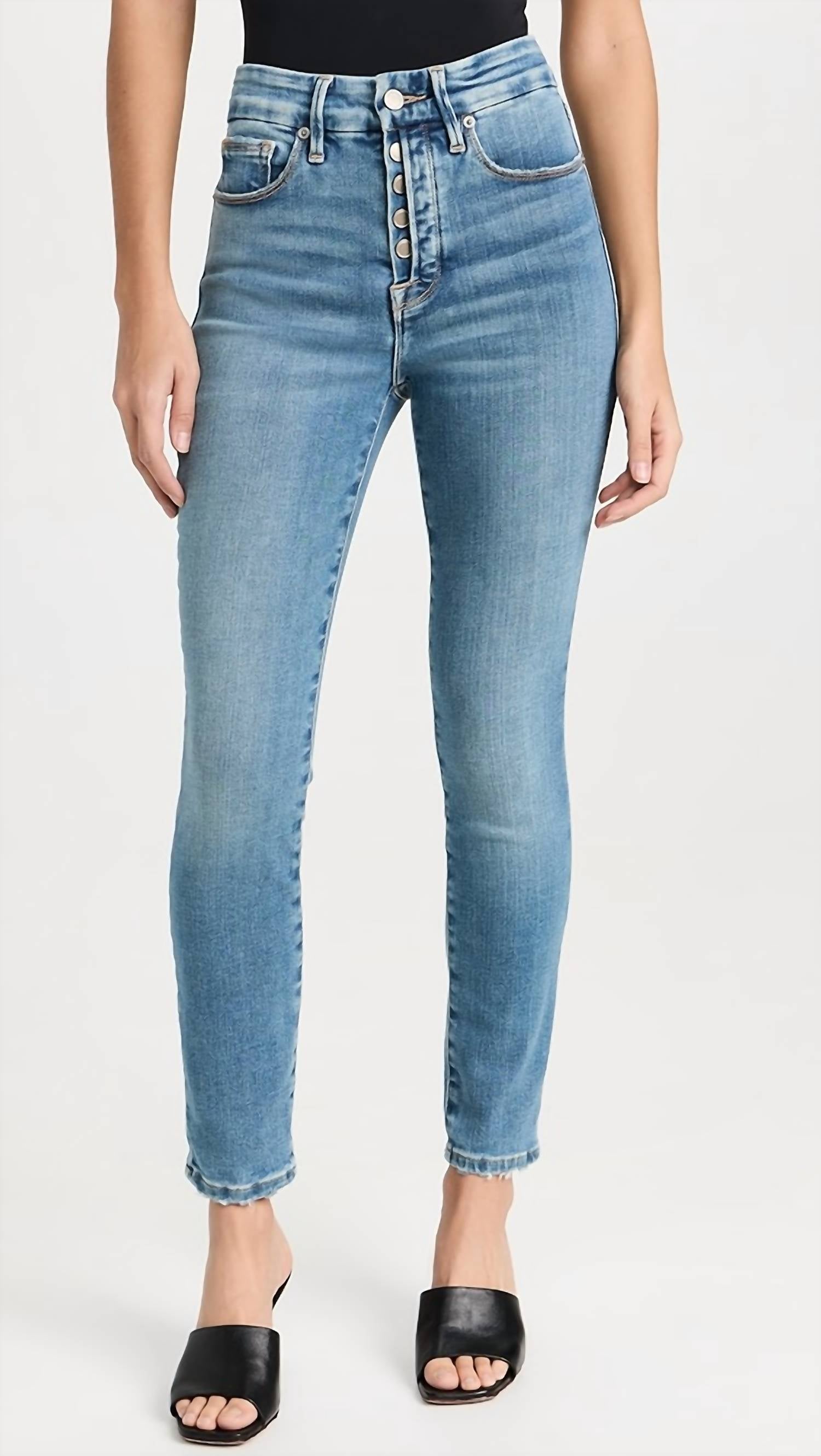 GOOD AMERICAN Good Legs Crop Partial Exposed Button Fly Jeans in indigo564 - women's jeans