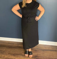 Doe and Rae Midi Knit Dress With Tie Waist in black - women's dress