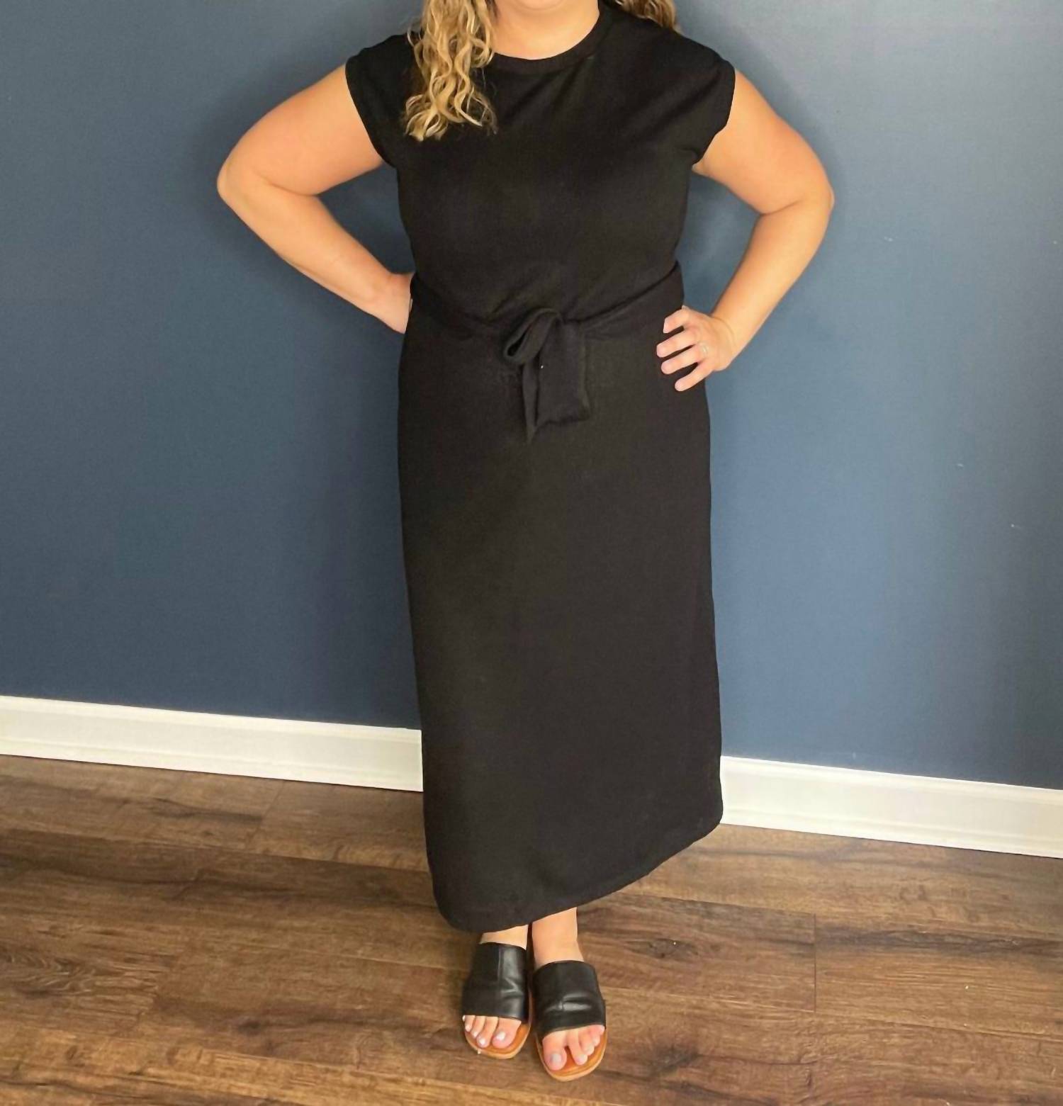 Doe and Rae Midi Knit Dress With Tie Waist in black - women's dress