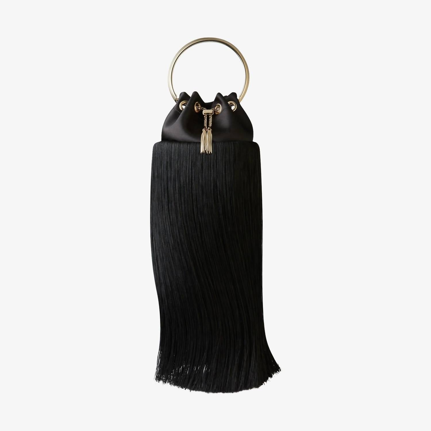 JIMMY CHOO Bon Bon Small Fringed Satin Bucket Bag in black - women's bag - detail view